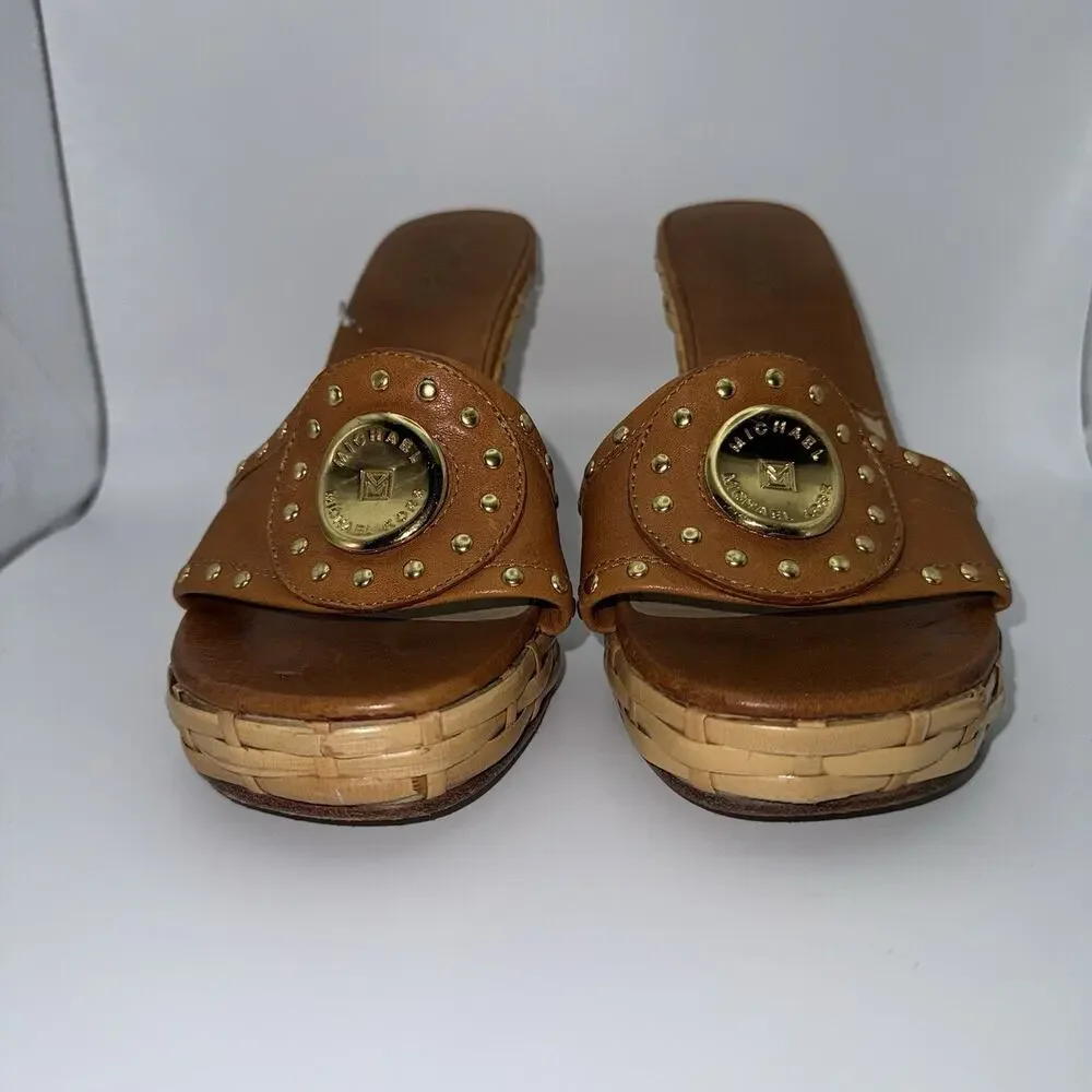 Michael Kors Santorini Wedge Slide Sandals Brown Leather Women’s 8.5